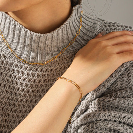 Collier et bracelet en acier inoxydable couleur or, chaîne unie simple et étanche 2