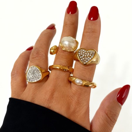 Bague statement en forme de cœur, 1 pièce, perle d'imitation, couleur or