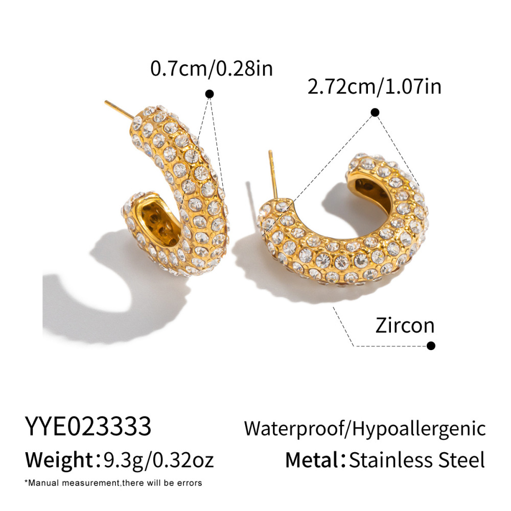 1 Paire De Boucles D'Oreilles Créoles Luxueuses En Acier Inoxydable Doré, Étanches, En Forme De C Et Ornées De Strass. 