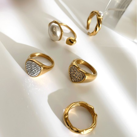 Bague statement en forme de cœur, 1 pièce, perle d'imitation, couleur or 2