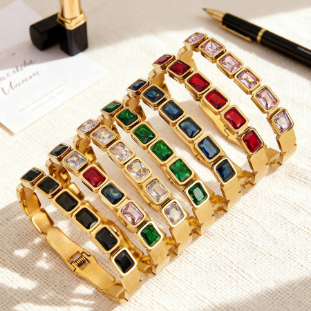 Bracelets pour femmes luxueux en verre rectangulaire, acier inoxydable doré, imperméables et anti-ternissement 2