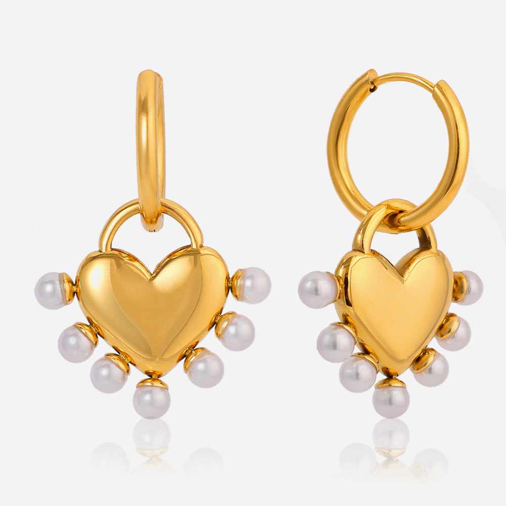 Boucles D'Oreilles Pendantes Pour Femme, Ornées De Magnifiques Perles En Forme De Cœur, En Acier Inoxydable, Imperméables Et Anti-Ternissement, Couleur Or. 