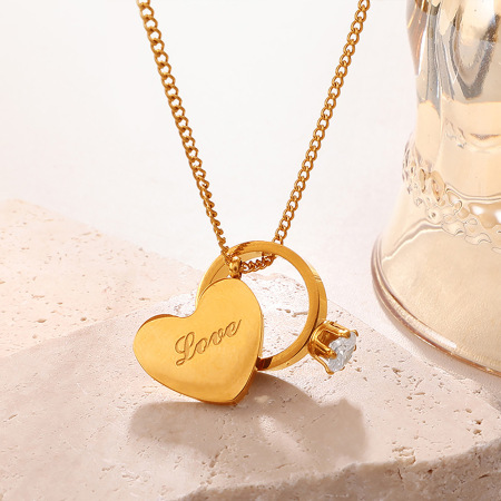 Collier pendentif femme en forme de cœur avec lettre d'amour, en acier inoxydable doré et zircon, étanche et anti-ternissement