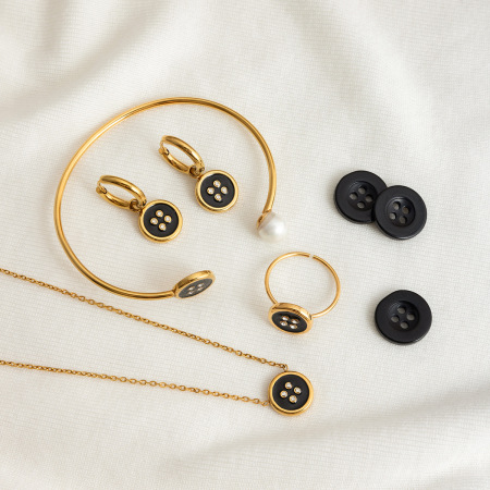 Ensembles de bijoux pour femmes en acier inoxydable, couleur or, étanches, série Classic Black Button 2