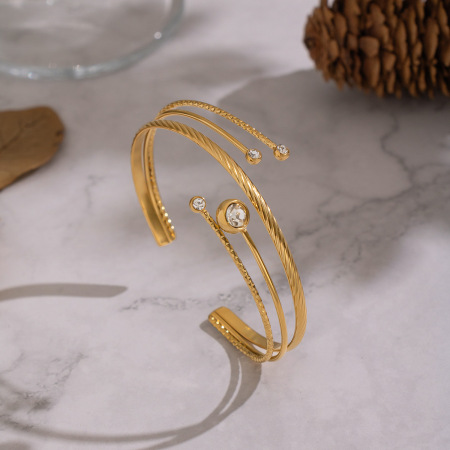 Bracelet manchette 1 pièce en acier inoxydable étanche couleur or avec zircon 2