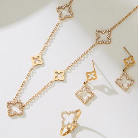 Ensembles de bijoux pour femmes Shining Clover en acier inoxydable étanche couleur or et zircon