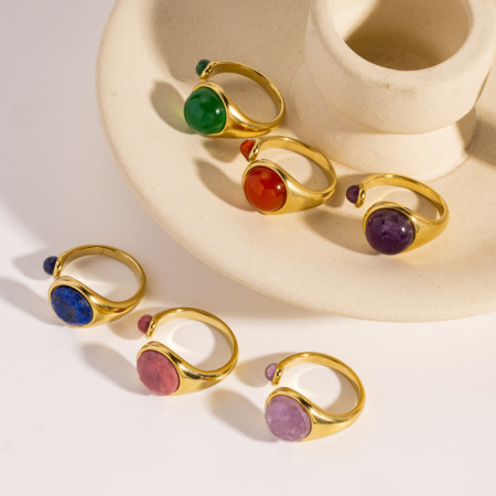 Bague classique ronde en acier inoxydable avec double pierre naturelle, imperméable et anti-ternissement, couleur or, pour femme. 2