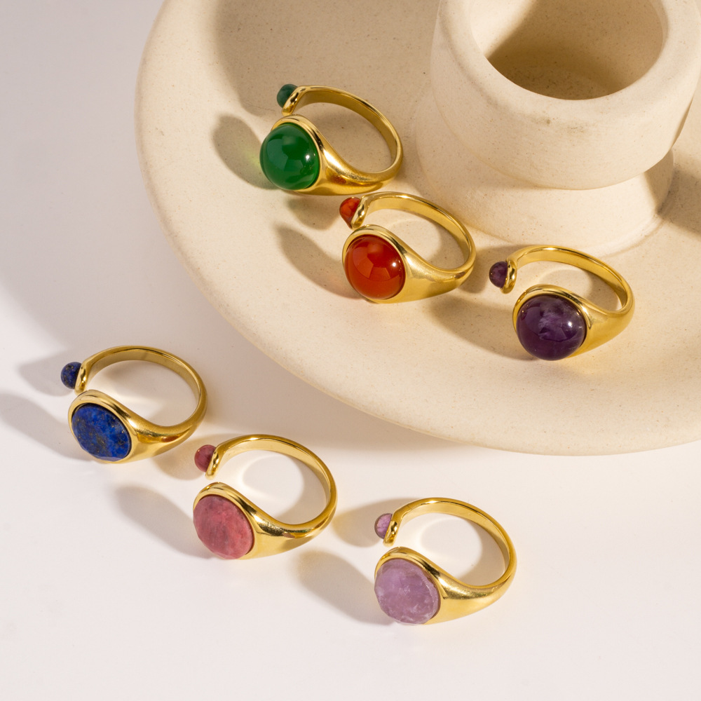 Bague Classique Ronde En Acier Inoxydable Avec Double Pierre Naturelle, Imperméable Et Anti-Ternissement, Couleur Or, Pour Femme. h5Image2