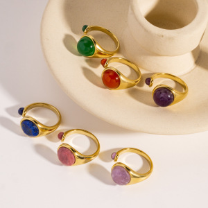Bague Classique Ronde En Acier Inoxydable Avec Double Pierre Naturelle, Imperméable Et Anti-Ternissement, Couleur Or, Pour Femme. h5 Image2
