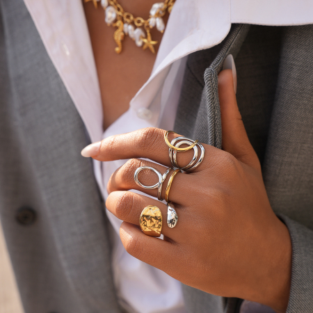 Bague tendance quotidienne de forme irrégulière, imperméable et anti-ternissement, en acier inoxydable doré