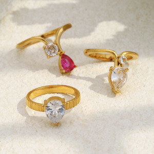 Bague Pour Femme En Acier Inoxydable Doré, Résistante À L'Eau Et À La Décoloration, Ornée De Pierres Précieuses (1 Pièce). Collection « Lignes Du Quotidien ». h5 Image3