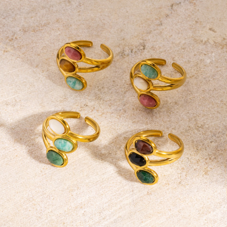 Bagues élégantes pour femmes, serties de trois pierres ovales naturelles, en acier inoxydable, imperméables et anti-ternissement, couleur or.