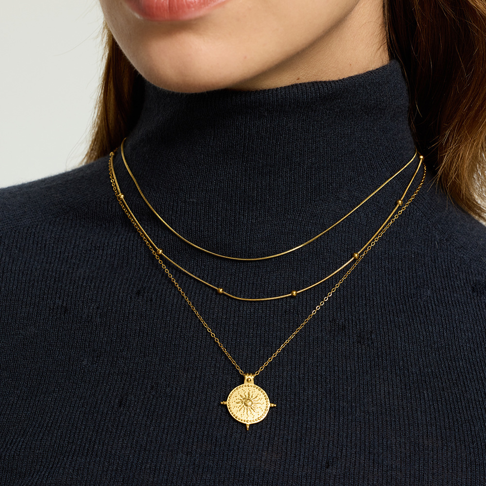 Collier Pendentif Femme Style Rétro Classique, Chaîne Soleil, Acier Inoxydable, Étanche Et Anti-Ternissement (1 Pièce) h5Image3