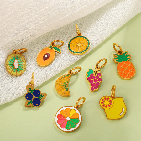 Pendentif DIY en acier inoxydable doré, émaillé, en forme de fruit sucré (1 pièce). 2