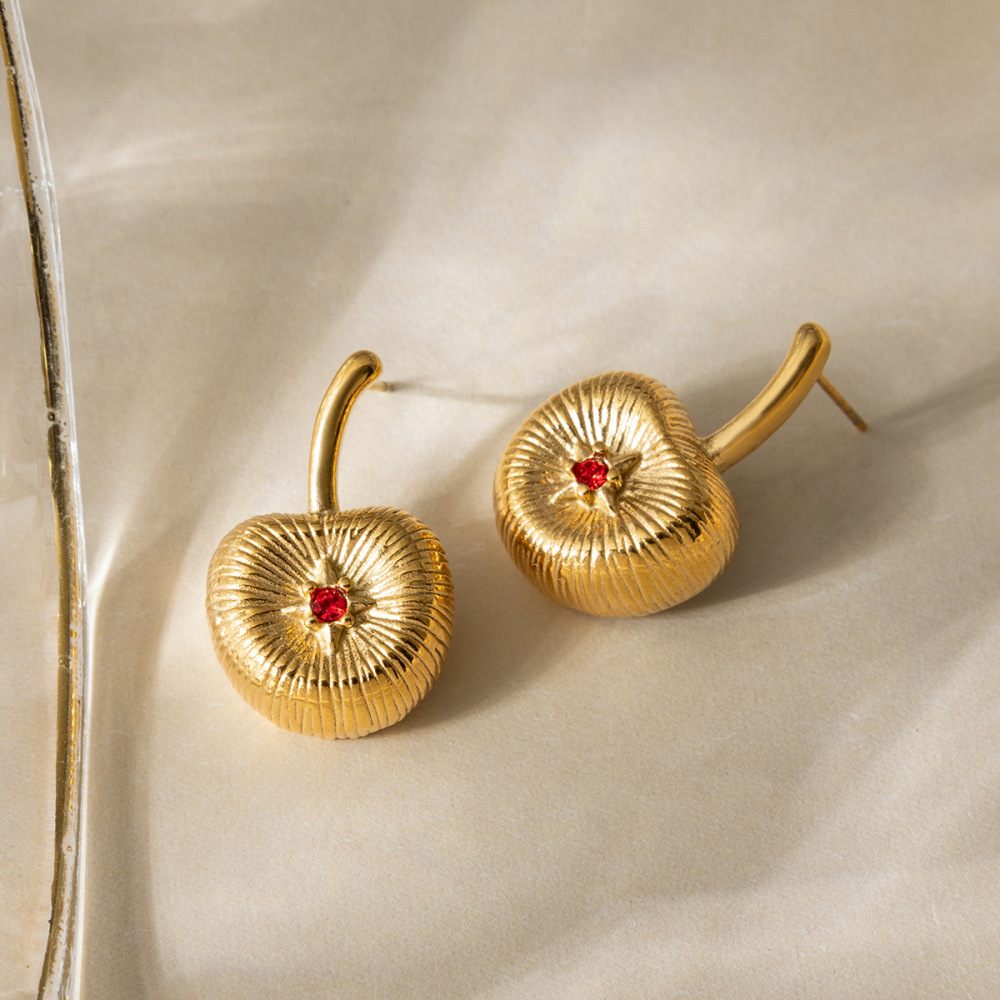 Boucles D'Oreilles Puces Rétro En Acier Inoxydable Doré, Imperméables, Motif Cerise (1 Paire) Image5