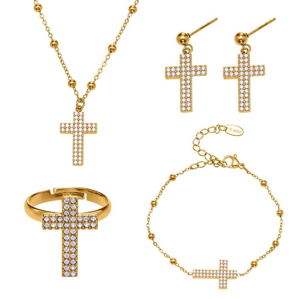 Ensemble De Bijoux Pour Femmes En Acier Inoxydable Avec Chaîne Croix Brillante, Imperméable Et Anti-Ternissement, Couleur Or, Zircon. Image4