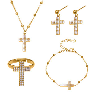 Ensemble De Bijoux Pour Femmes En Acier Inoxydable Avec Chaîne Croix Brillante, Imperméable Et Anti-Ternissement, Couleur Or, Zircon. h5 Image4