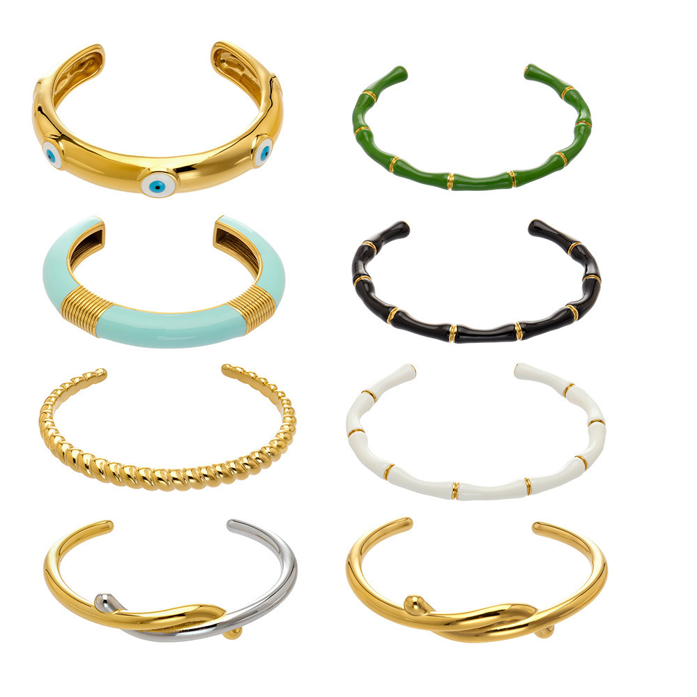 Bracelet Manchette Pour Femme En Acier Inoxydable Doré, Imperméable, Anti-Ternissement, Orné D'Un Motif Œil Du Diable Et D'Un Effet Goutte D'Huile. Image5