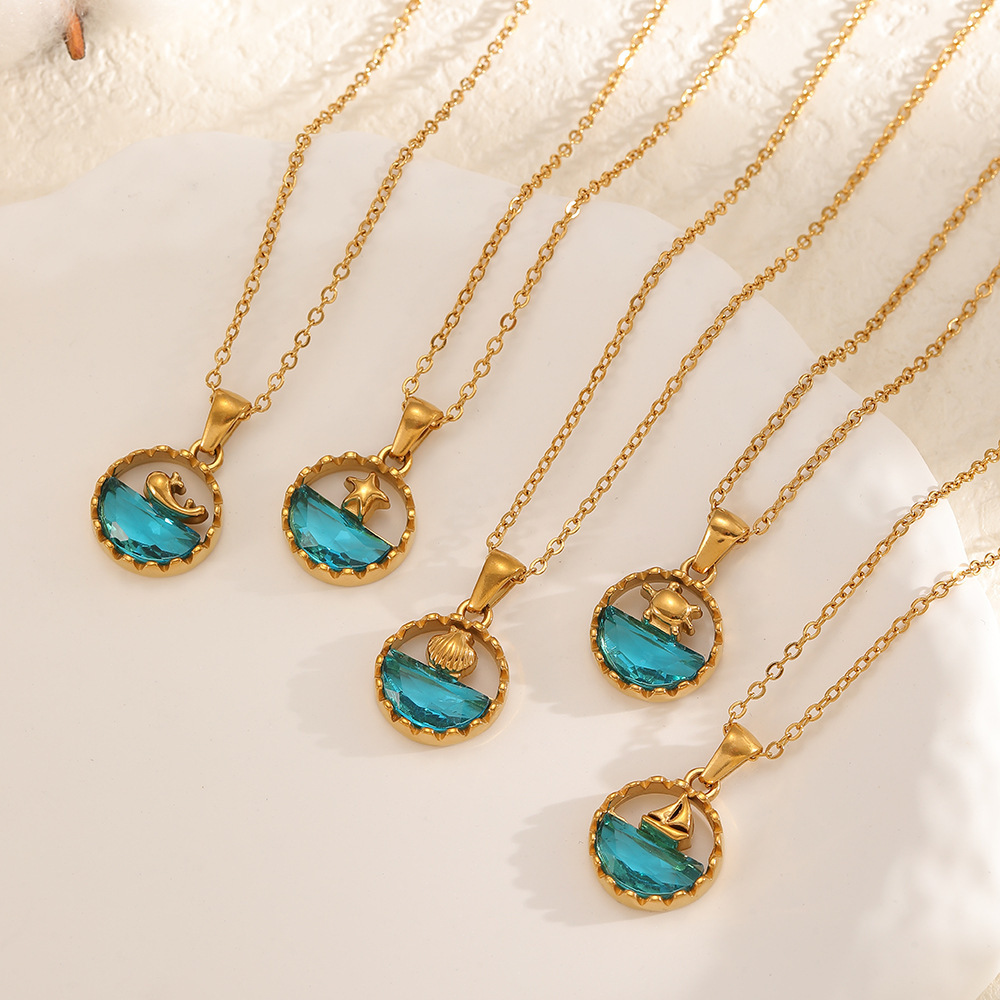 Colliers Pendentifs Femme En Acier Inoxydable Doré, Étanches, Avec Strass, Motif Vacances En Mer Image2