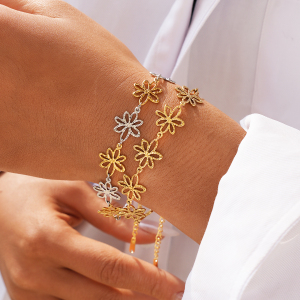 Ensembles De Bracelets Pour Femmes En Acier Inoxydable Martelé À Motif Floral, Imperméables Et Anti-Ternissement, Couleur Or h5 Image5
