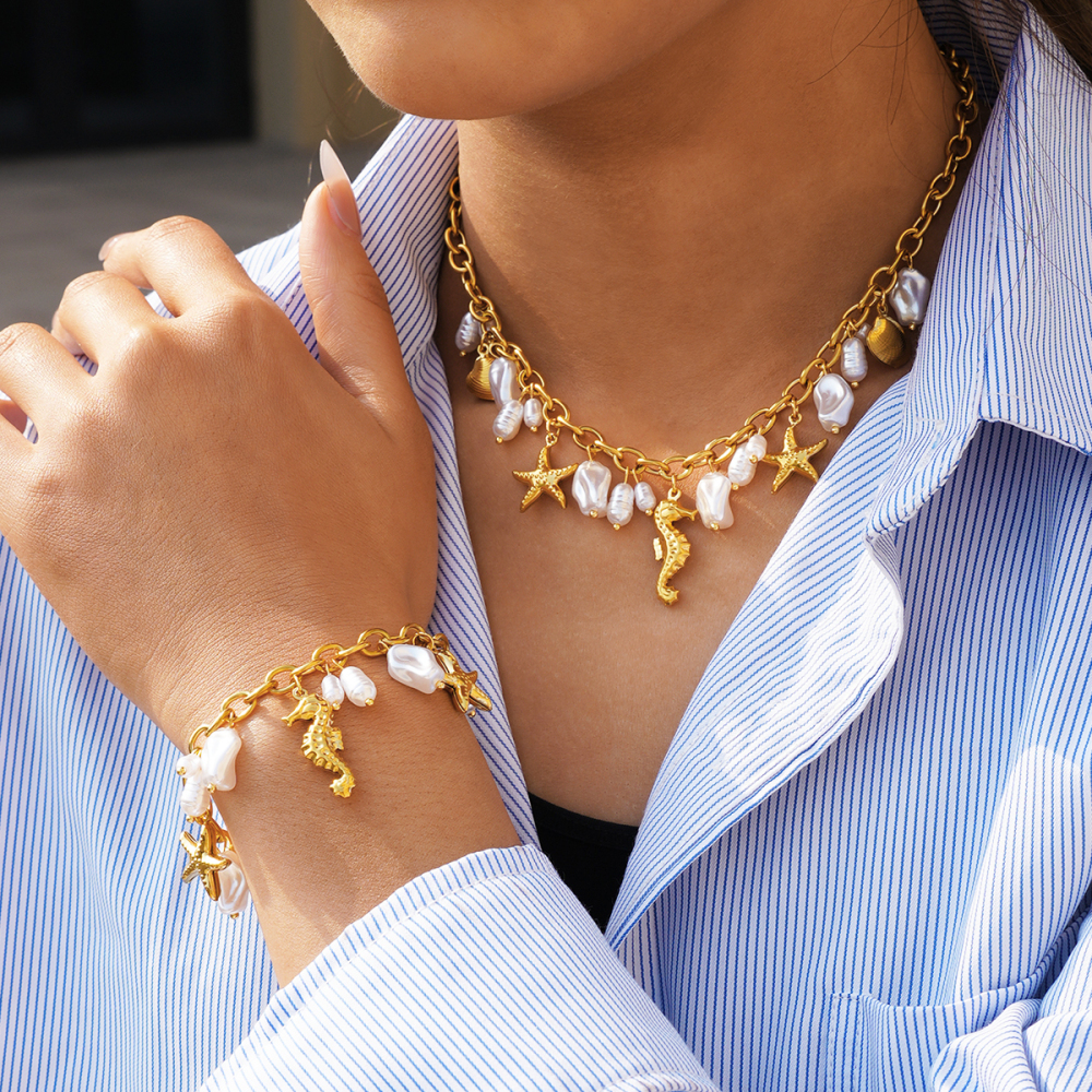 Ensembles De Colliers Pour Femmes En Acier Inoxydable Couleur Or, Étanches Et Anti-Ternissement, De La Série Marine Image3