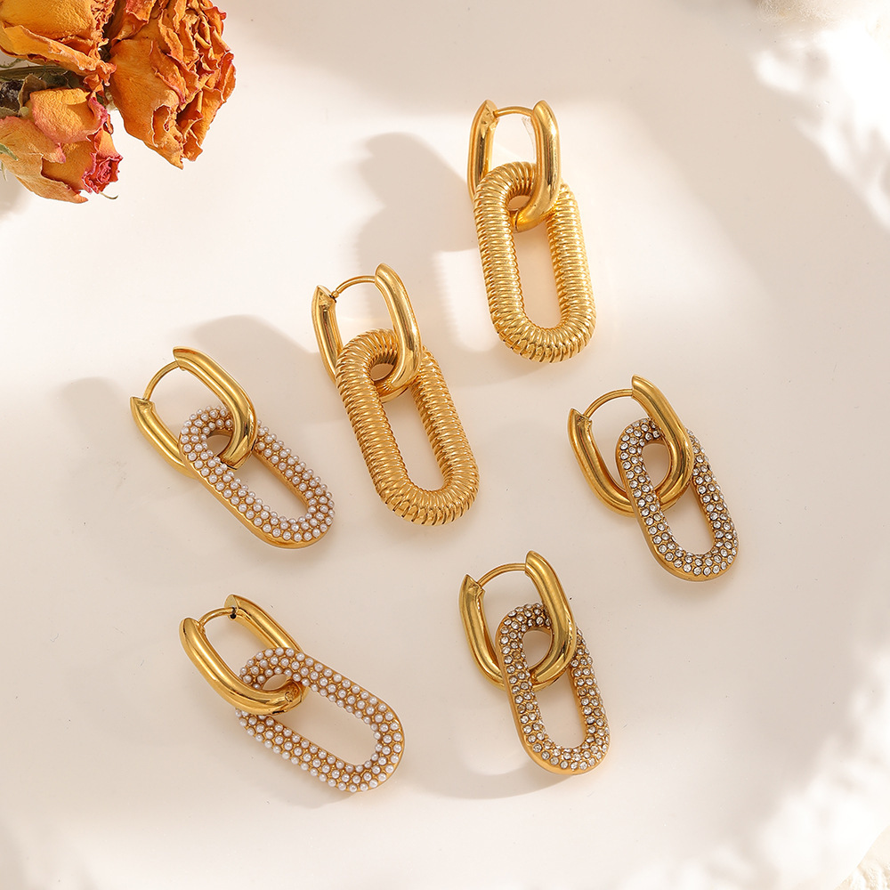 Boucles D'Oreilles Créoles Double Anneau En Acier Inoxydable Étanche Couleur Or Avec Strass Pour Femmes h5Image2