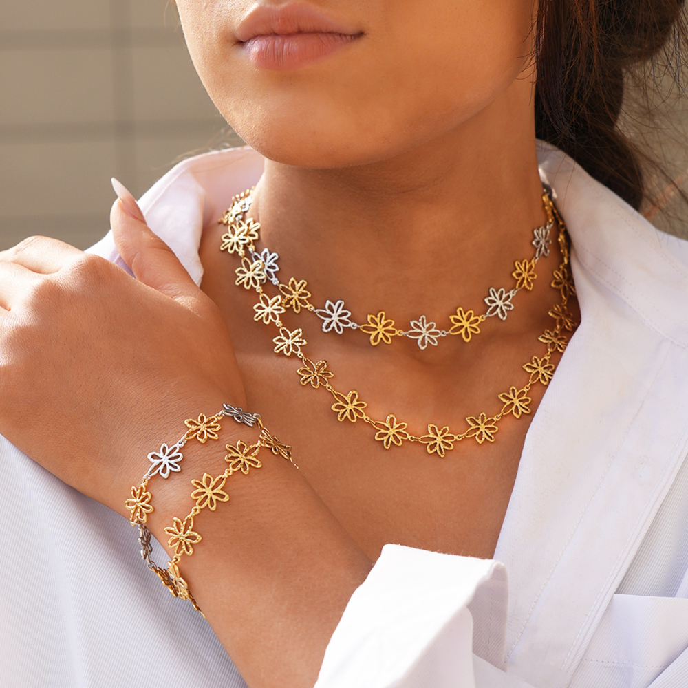 Ensembles De Colliers Pour Femmes En Acier Inoxydable Martelé À Motif Floral, Imperméables Et Anti-Ternissement, Couleur Or Image3
