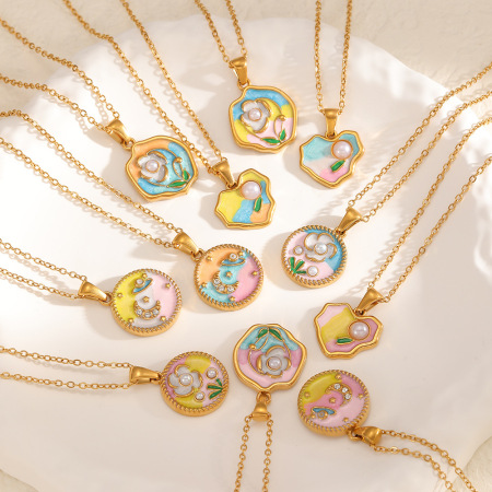 Colliers pendentifs pour femmes en acier inoxydable, couleur or, avec pendentif cœur et fleur onirique 2