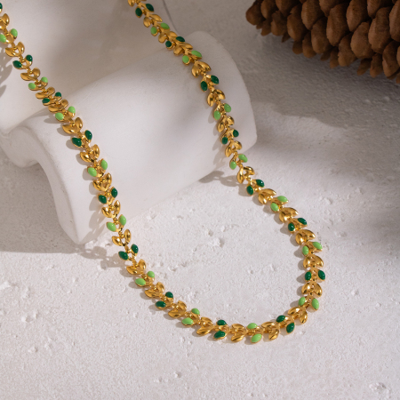 Collier En Acier Inoxydable Doré, 1 Pièce, Avec Chaîne Et Feuille Émaillée.