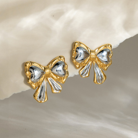 Boucles d'oreilles puces pour femme, en acier inoxydable imperméable, avec nœud papillon romantique, couleurs or et argent. 1 paire. 2