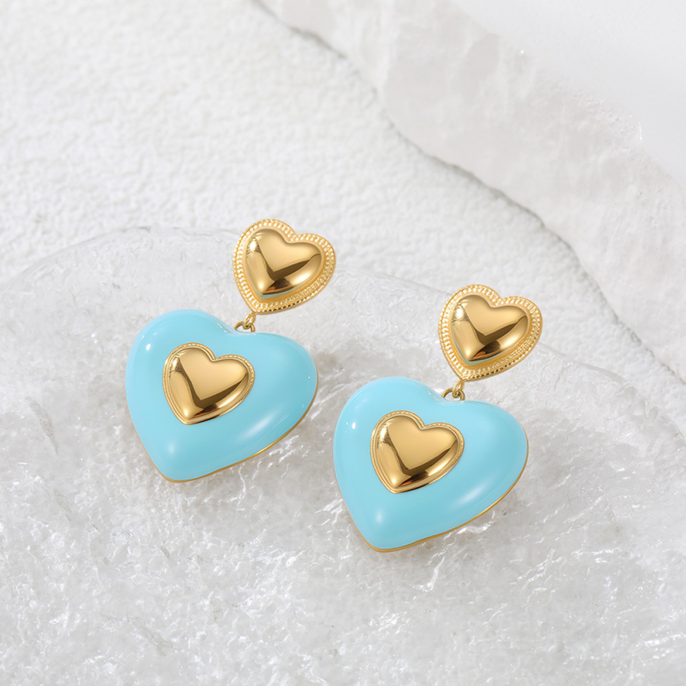 Boucles D'Oreilles Pendantes Pour Femmes, En Acier Inoxydable Doré, Imperméables, En Forme De Cœur Coloré Et Anti-Ternissement Image4