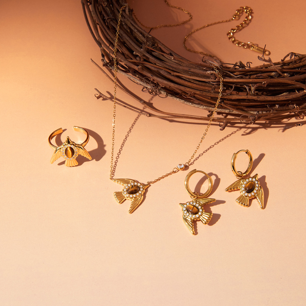 Ensembles De Bijoux Pour Femmes En Acier Inoxydable, Ornés De Pierres Naturelles Et D'Oiseaux Délicats, Imperméables Et De Couleur Dorée. Image4