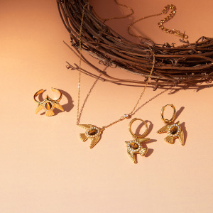 Ensembles De Bijoux Pour Femmes En Acier Inoxydable, Ornés De Pierres Naturelles Et D'Oiseaux Délicats, Imperméables Et De Couleur Dorée. h5 Image4