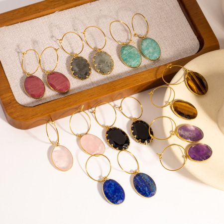Boucles d'oreilles pendantes pour femmes, style ovale classique, en acier inoxydable, imperméables et anti-ternissement, couleur or, serties de pierres naturelles.