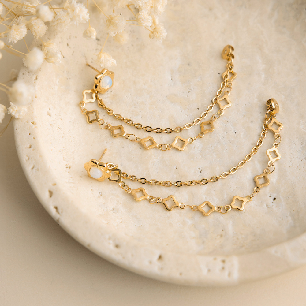 Boucles D'Oreilles Pendantes Pour Femmes, En Acier Inoxydable Doré, Imperméables Et Anti-Ternissement, Ornées D'Un Trèfle. h5Image6