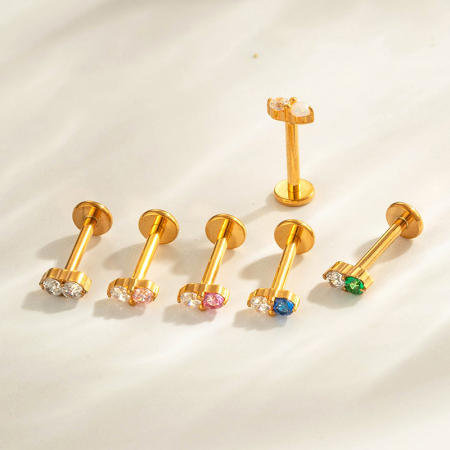 Boucles d'oreilles piercing doubles rondes en alliage de titane couleur or avec zircon pour femmes