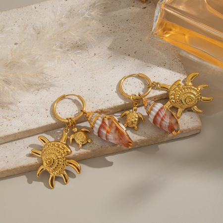 Boucles d'oreilles pendantes pour femme, motif coquillage et étoile de mer, en acier inoxydable étanche. 2