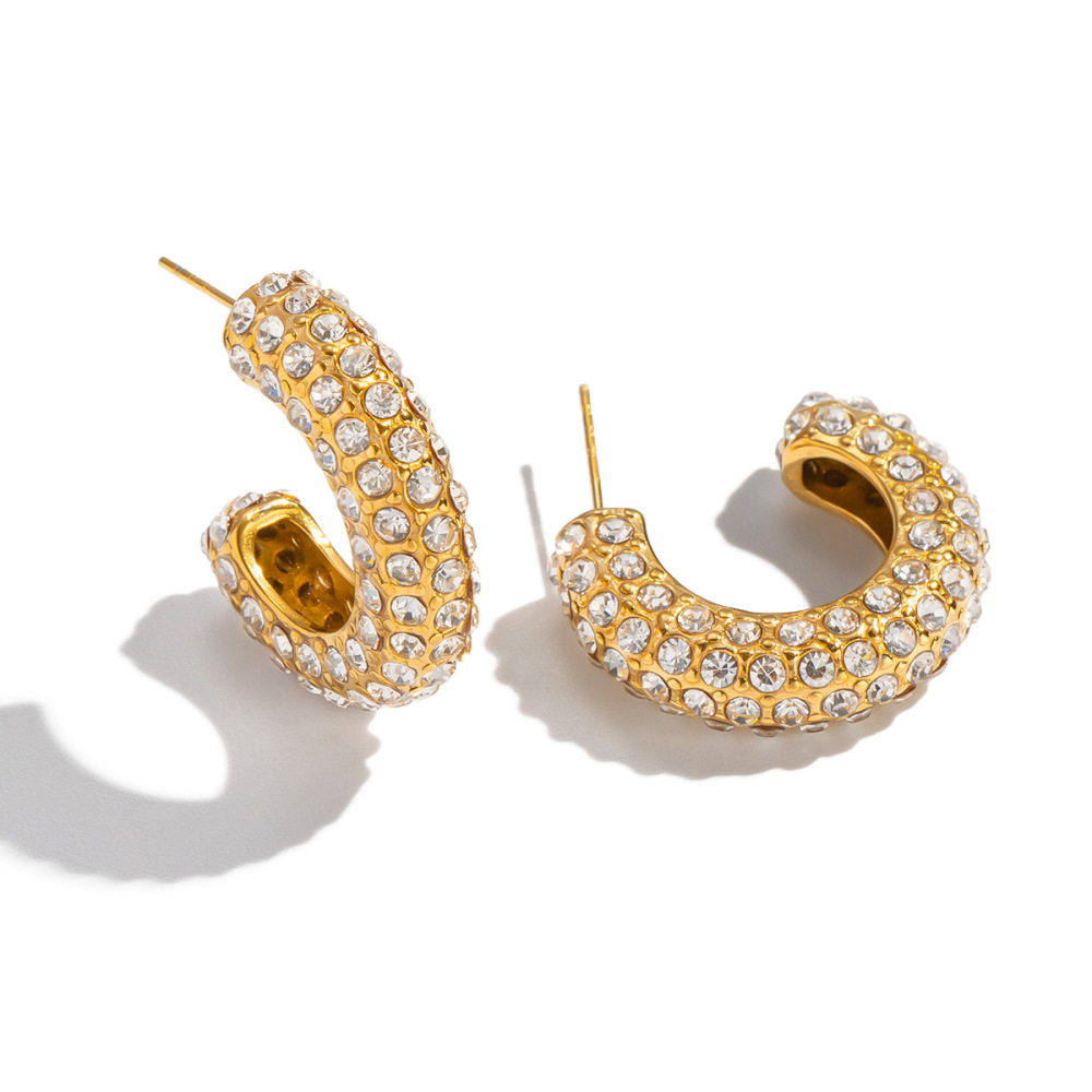 1 Paire De Boucles D'Oreilles Créoles Luxueuses En Acier Inoxydable Doré, Étanches, En Forme De C Et Ornées De Strass. Image5