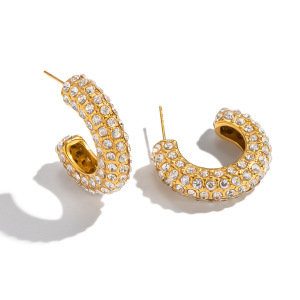 1 Paire De Boucles D'Oreilles Créoles Luxueuses En Acier Inoxydable Doré, Étanches, En Forme De C Et Ornées De Strass. h5 Image5
