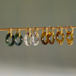 1 Paire De Boucles D'Oreilles Pendantes Ovales Vintage En Résine Et Acier Inoxydable, Couleur Or, Étanches. h5 Image6