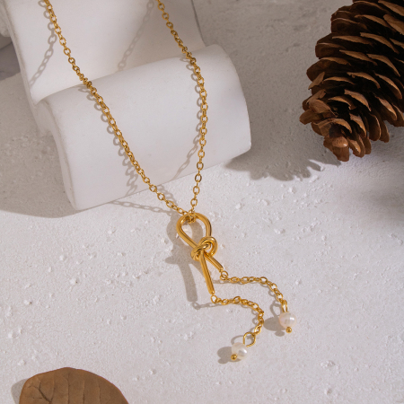 Collier avec pendentif perle couleur or, chaîne à pompon en acier inoxydable étanche