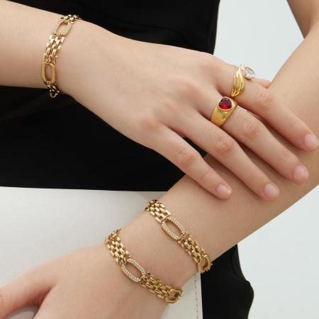 Bracelet chaîne ovale moderne en acier inoxydable, étanche et anti-ternissement, couleur or, avec zircon pour femme
