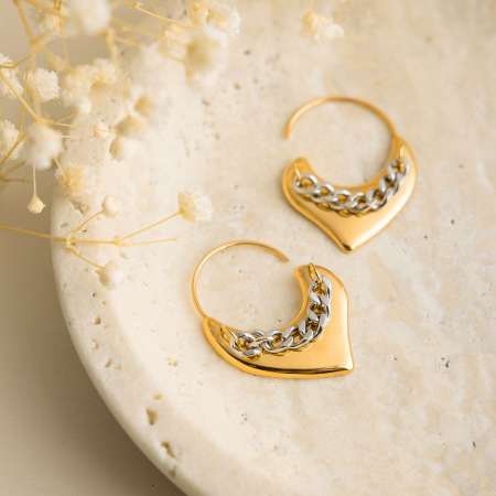 Boucles d'oreilles créoles pour femme, en acier inoxydable, étanches, avec motif cœur doré et chaîne argentée (1 paire). 2