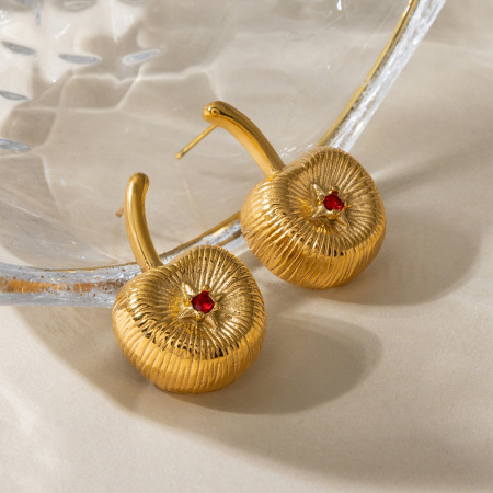 Boucles d'oreilles puces rétro en acier inoxydable doré, imperméables, motif cerise (1 paire) 2