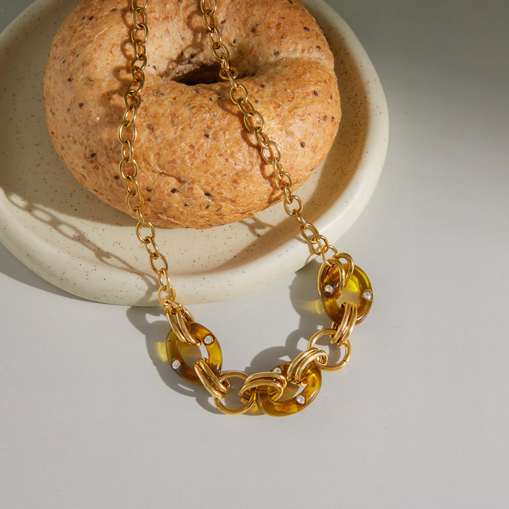 Collier Classique Ovale En Résine, Acier Inoxydable, Couleur Or, Pour Femme (1 Pièce) h5Image7