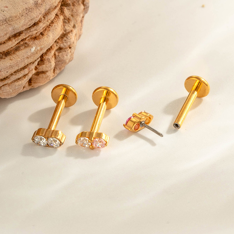 Boucles D'Oreilles Piercing Doubles Rondes En Alliage De Titane Couleur Or Avec Zircon Pour Femmes Image4