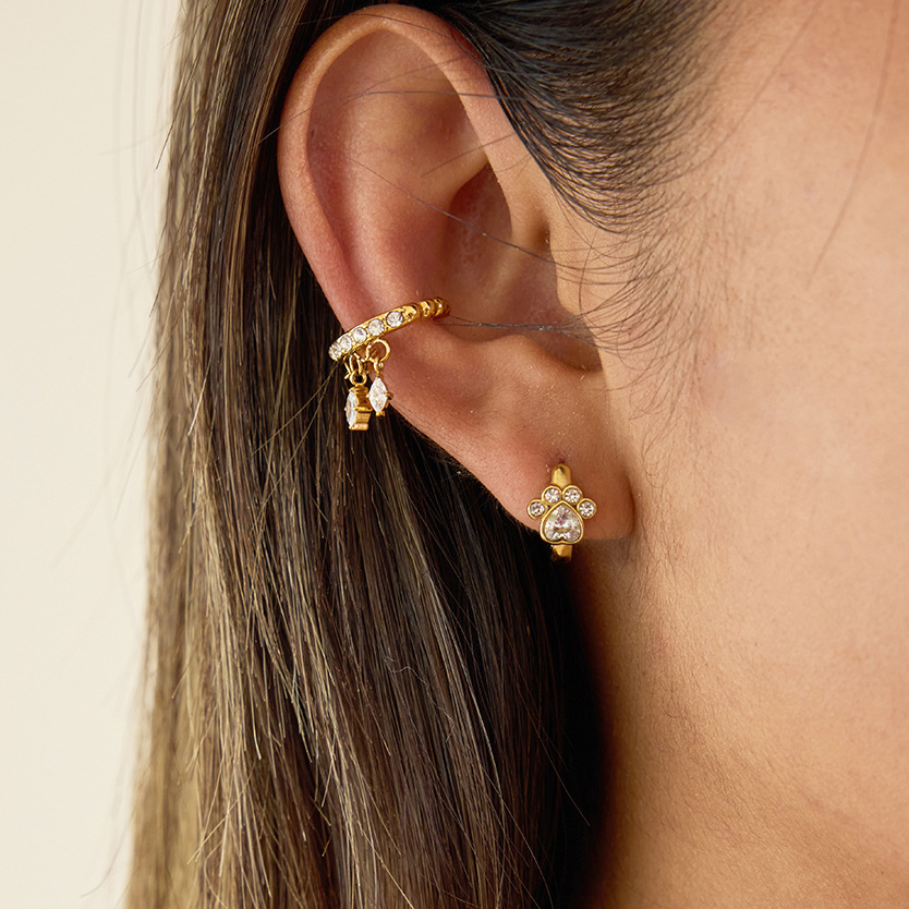 1 Paire De Boucles D'Oreilles Créoles Fantaisie En Acier Inoxydable Doré, Ornées De Zircon Et Serties De Griffes Fantaisie Image3