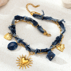 Ensemble De Colliers Pour Femmes, 1 Pièce, Motif Cœur Simple, En Denim, Acier Inoxydable, Couleur Or, Étanche h5 Image4