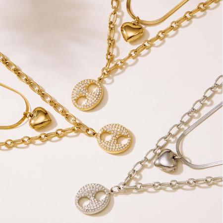 Collier à plusieurs rangs pour femme, en acier inoxydable brillant, étanche, couleur or, orné de zircon (1 pièce) 2