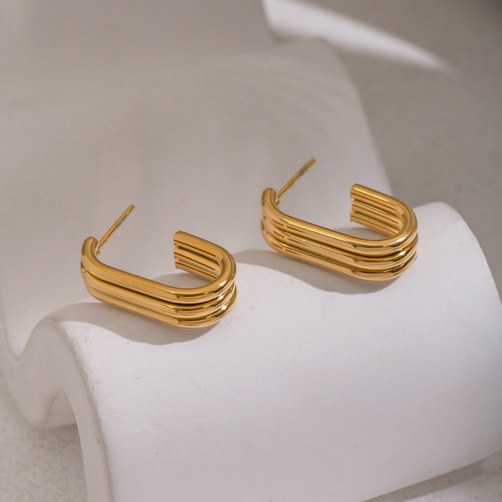 1 Paire De Boucles D'Oreilles Créoles En Acier Inoxydable Doré, Étanches, En Forme De C Image4